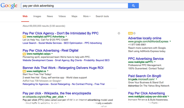 pay per click advertising (PPC) search results